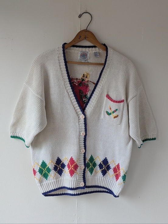 Cape Isle Knitters Sweaters - Vintage Cape Isle Knitters Baseball White Multicolor Argyle Knit Cardigan Large